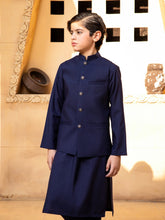 Shahjahan - Navy Blue Kurta Trouser With Waistcoat - 3 Piece